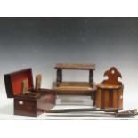 A George III mahogany tea caddy, a 19th century banded salt box, two small foot stools, a WWI