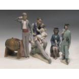 Assorted Lladro Figures including a sommelier, a scholar, a solider and famille scene, 38cm