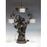 A modern speleter figural table lamp, depicting two children clad in robes and roses infront of a