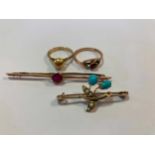 A hallmarked 9ct gold synthetic ruby brooch, a turquoise and split pearl brooch tested as 9ct