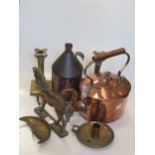 A copper kettle, copper flask, bed pan, together with a pair of silver plated brass column