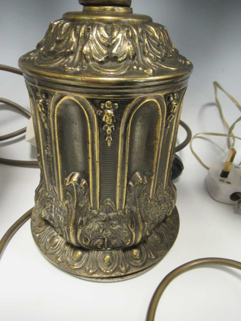 A modern gilt metal four branch table light, two other onyx-based lamps and a modern figural lamp - Image 6 of 9