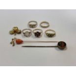 two stick pins tested as 9ct gold, three hallmarked 9ct gold gemset rings, one hallmarked 9ct gold