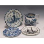 A pearlware jug printed with a pastoral landscape scene, 15.5cm high; a 'Long Eliza' pearlware