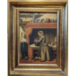 Interior scene with a lady cooking, signed 'Tron Lyon' (lower left), oil on panel, 24.5 x 17.5cm;