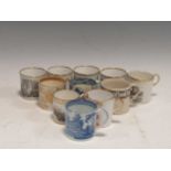 Ten 19th century English porcelain coffee cans, most with printed decoration, and another - 'Purete'