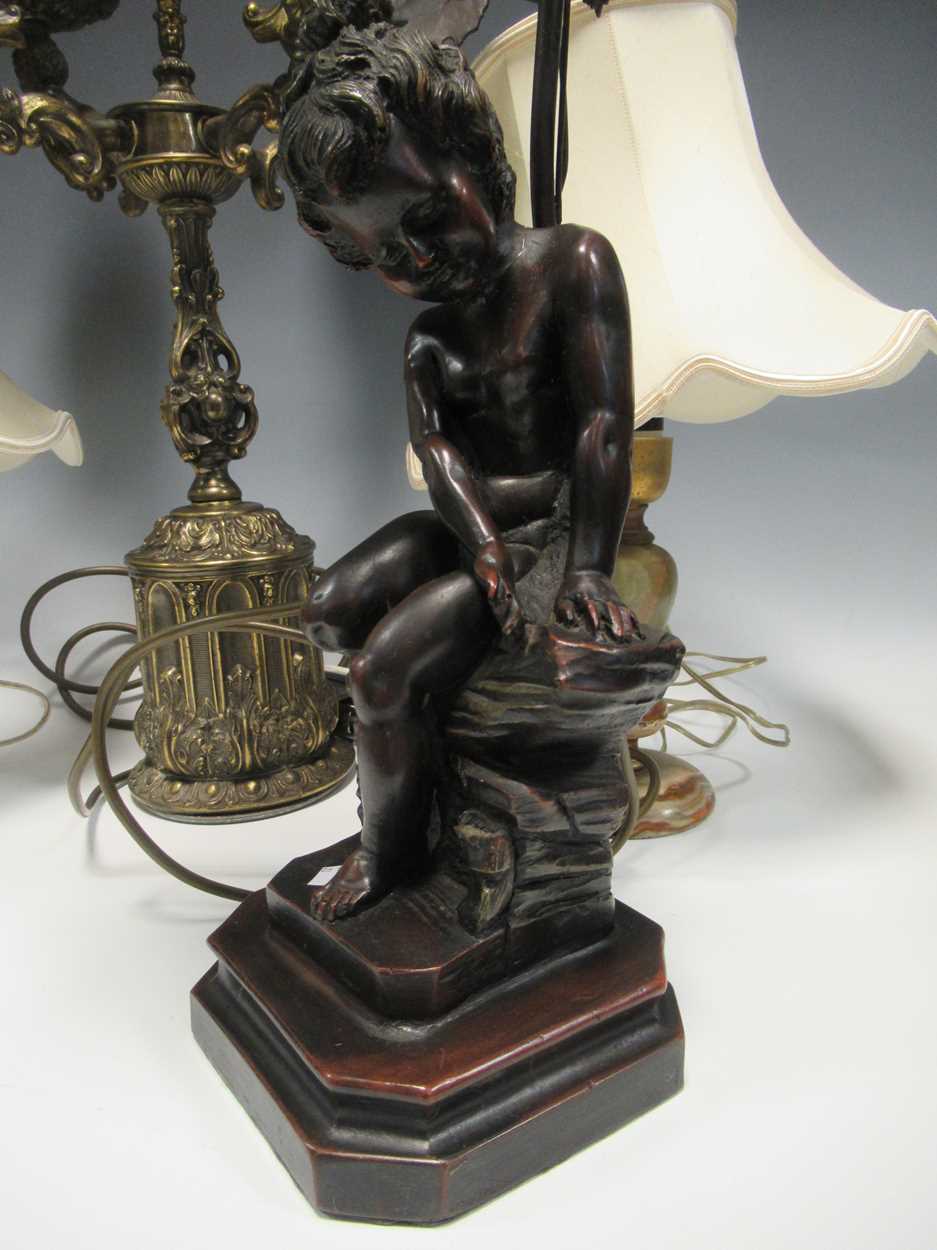 A modern gilt metal four branch table light, two other onyx-based lamps and a modern figural lamp - Image 9 of 9