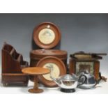 An oak cased mantel clock, letter rack, various pens and knibs, Edward VIII money box tin, various