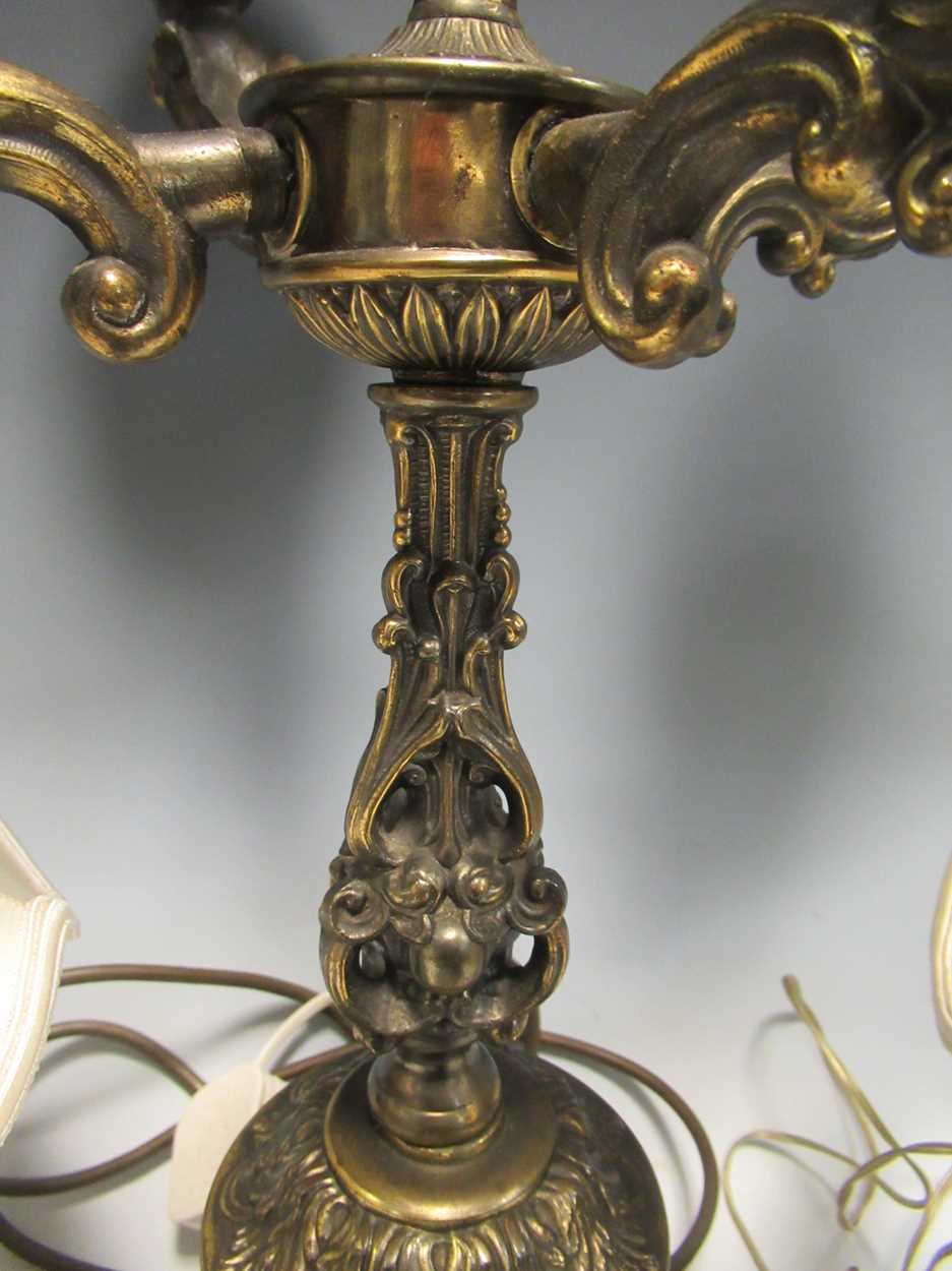 A modern gilt metal four branch table light, two other onyx-based lamps and a modern figural lamp - Image 8 of 9