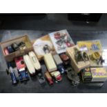 Box misc old models including Triang Minic, Charbens van with tractor, etc (condition varies)