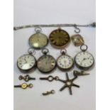 A collectin of pocket watches including one stamped 'K14', a watch head stamped '14K.GOLD, a watch