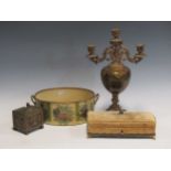 A brass metal candalabra, brass tobacco box, together with a harrods jewellery box and decorative