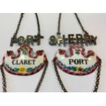 Two 19th Century enamel bottle tickets 'Claret' and 'Port'; two plated bottle tickets 'Sherry'