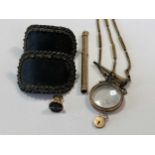 A pair of shoe buckles, a gilt metal chatelaine, a gold cased pen/pencil marked S. Mordan & Co and a