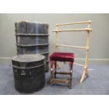 A pine towel rail, a leather trunk, an oak square stool and a tin circular box (4)