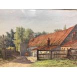 Four watercolours - barn scene signed 'Goodier 1881', 16 x 29cm; shipping scene, 26 x 39cm,