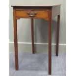 A George III flame mahogany lamp table, the single end drawer over chamfered square legs 71 x 65 x