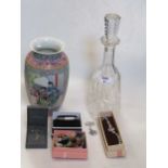 A mahogany tray and a Waterford Lismore glass decanter; a Chinese enamelled painted vase (a/f),