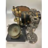 An ebonised and brass bound casket, two small brass candlesticks, a papier-mache square box and