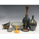 A Kasmiri candlestick, a shaped bowl, a studio pottery bowl by Tony Gant, and two speckle glazed