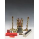 Two pairs of brass candlesticks, a stone jar, a brass horse and wooden carriage and other bygones