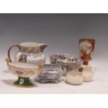 A Wedgewood commemorative jug for Lord Beaconsfield, a Belleek jug and bowl, a Satsuma goblet etc.