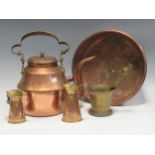 A long handled copper cooking pan or bed warmer, a copper kettle with brass bale handle, a pestle