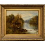 English School, 20th century A river landscape with a fisherman signed indistinctly 'G? R