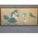 An oriental four fold silk painted screen decorated with kingfishers and flowers, 90 x 184 x 2cm