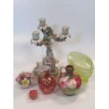 A collection of ceramics and glass, to include a Meissen style three-branch canndelabra, a 19th