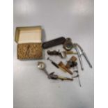 A collection lot to include a trephine circular crown saw, a pair of folding field glasses