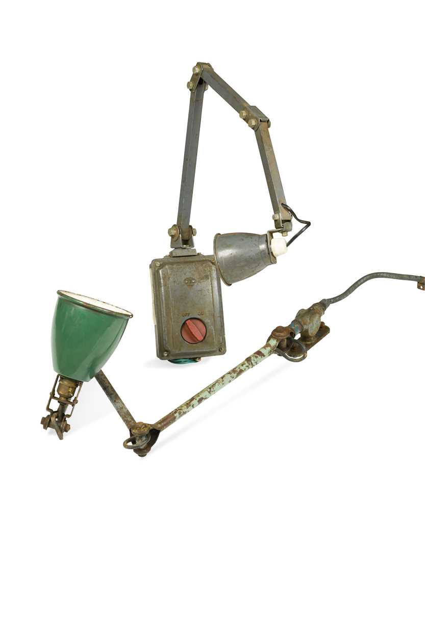 A Memlo industrial steel machinists lamp, with transformer; together with another articulated