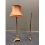 Two brass standard lamps, with shades, without shade 140cm, 130cm