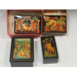 Four Russian painted lacquer Palekh rectangular boxes- Dmitri Donski (1973), Idyll, Golden Casket (