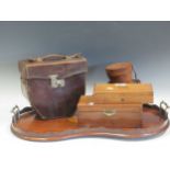 An Edwardian mahogany tray, Ensign cine camera, monocular by Zeiss (8 x 30), horn drinking cups,