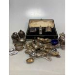 A collection of silverware including condiment sets, napkin ring, flatware etc, 17.3ozt weighable