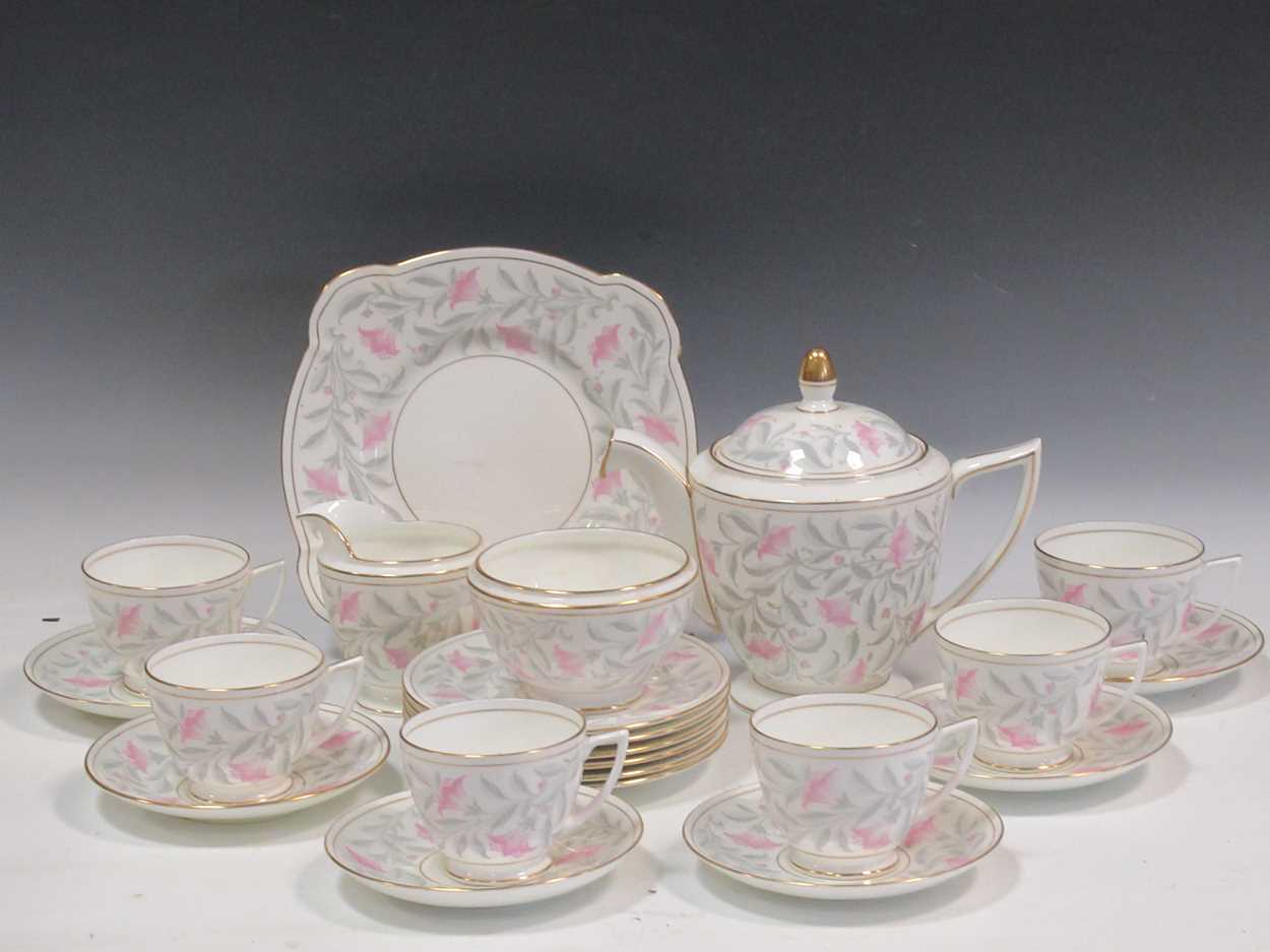 Mintons Petunia pattern tea set, to include teapot, cups and saucers and milk jug