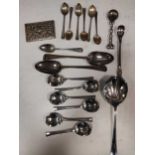 Cased silver teaspoons, pair Georgian engraved table spoons, long handle condiment spoon, foreign