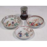 Three 18th century Chinese teabowls and a Japanese cup on a wooden standCondition report: The