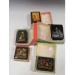 Five Russian painted lacquer Palekh boxes- Humpbacked horse 1978, Fire Bird (x2), Snow Maiden (