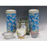 A collection of ceramics to include: A pair of blue ground colourful blossom vases by Longwe, 25.