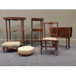 An Edwardian three tier table with tray top together with an inlaid childs chair, a Sutherland