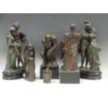 Pair of spelter figure groups of Romeo and Juliet, and Faust and Marguerite; two mother and child