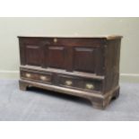 An 18th century oak mule chest, the three panel front over two short drawers raised on bracket feet,