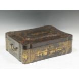 A Chinese export lacquered and gilt sewing box with side handles