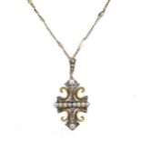 A Victorian stylised split pearl and diamond cross pendant necklace,