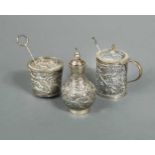 A late 19th century Chinese export silver harlequin 3-piece condiment set,