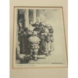 After Rembrandt. Beggars receiving alms [1648], reproduction etching, inscribed below in pencil '