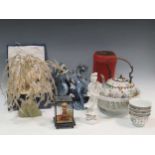 Collection of mainly Chinese decorative objects including a pottery dragon, faux tree, enamelled