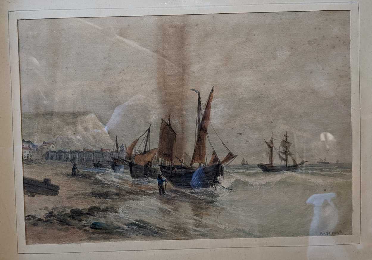 British School, 19th Century, boats at Hastings with fishermen, inscribed 'HASTINGS' (lower